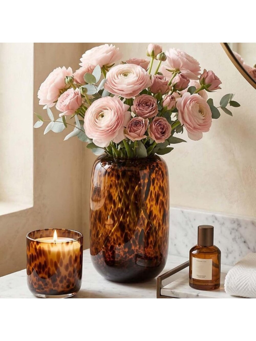 10.3in Round Amber Glass Vase - Tortoise Shell Decor for Modern Home & Farmhouse
